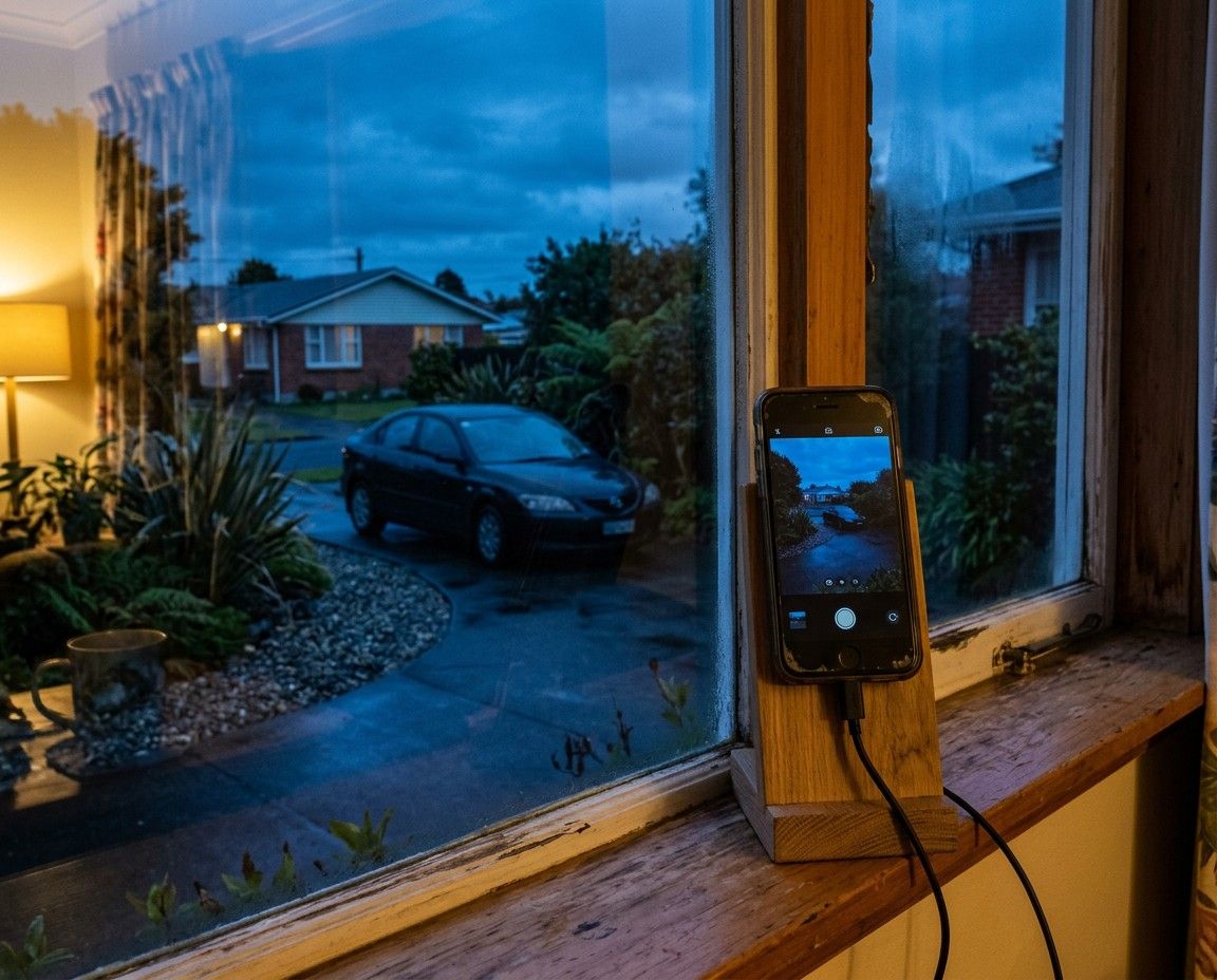 A spare phone on a windowsill watching the driveway at dusk