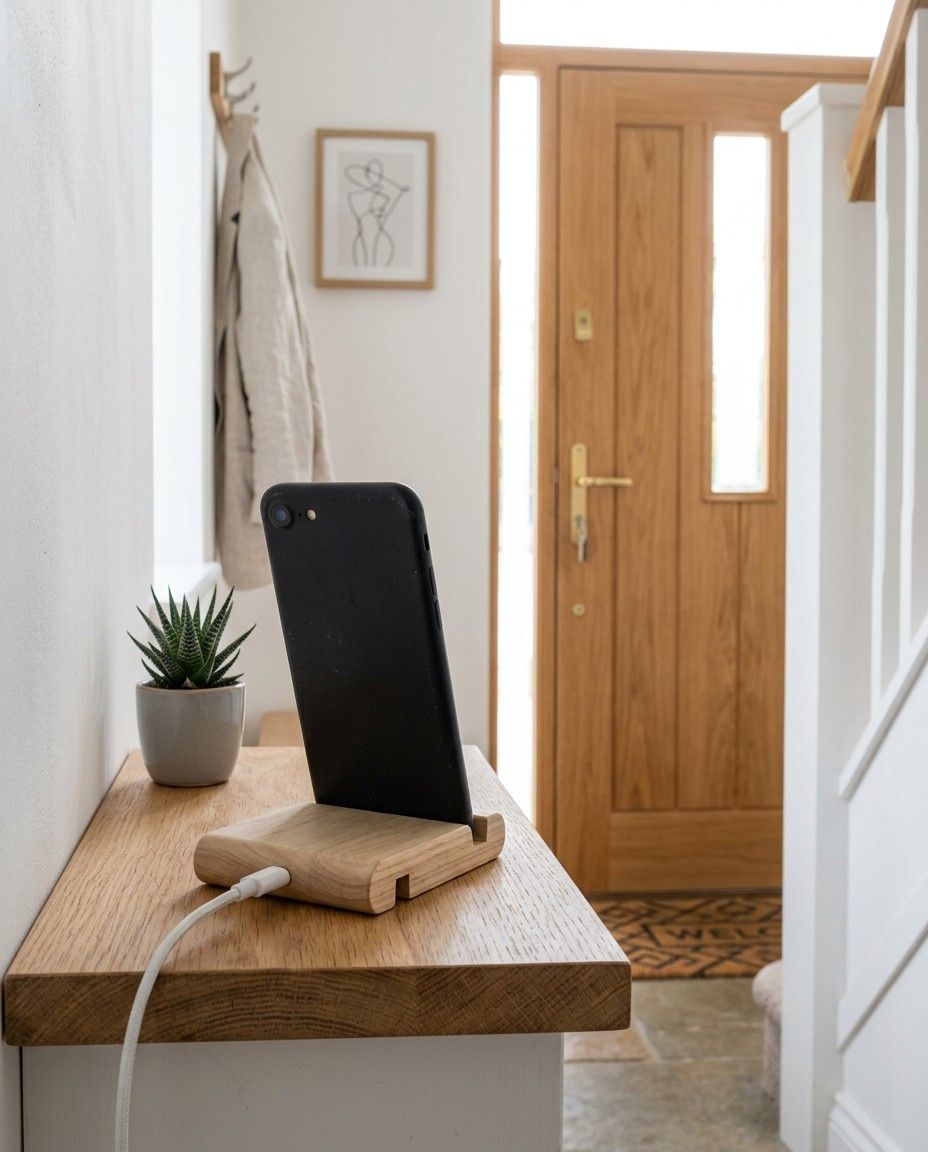 An old phone on a stand in a hallway, watching the front door