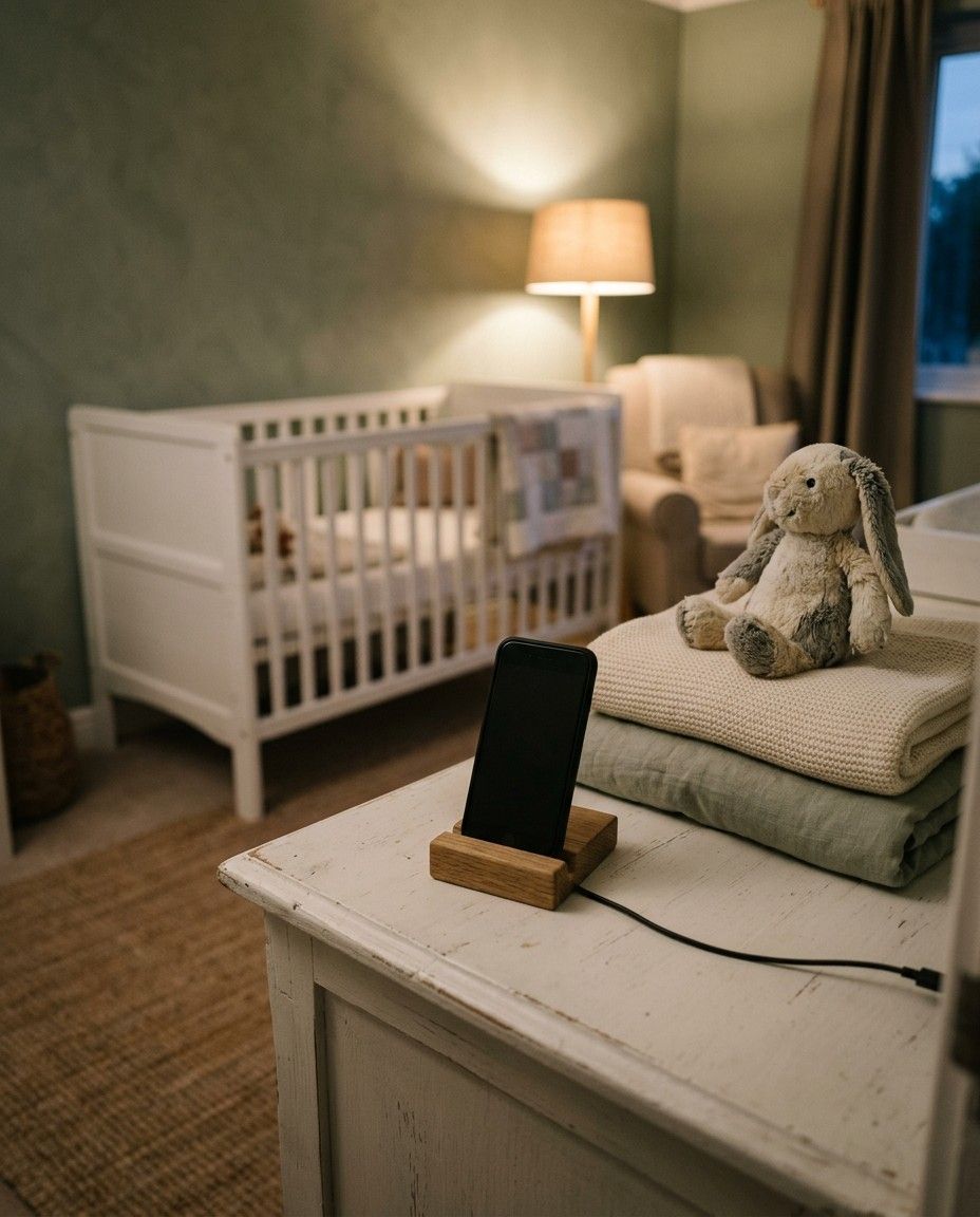 A spare phone on a stand in a nursery, pointed at a cot