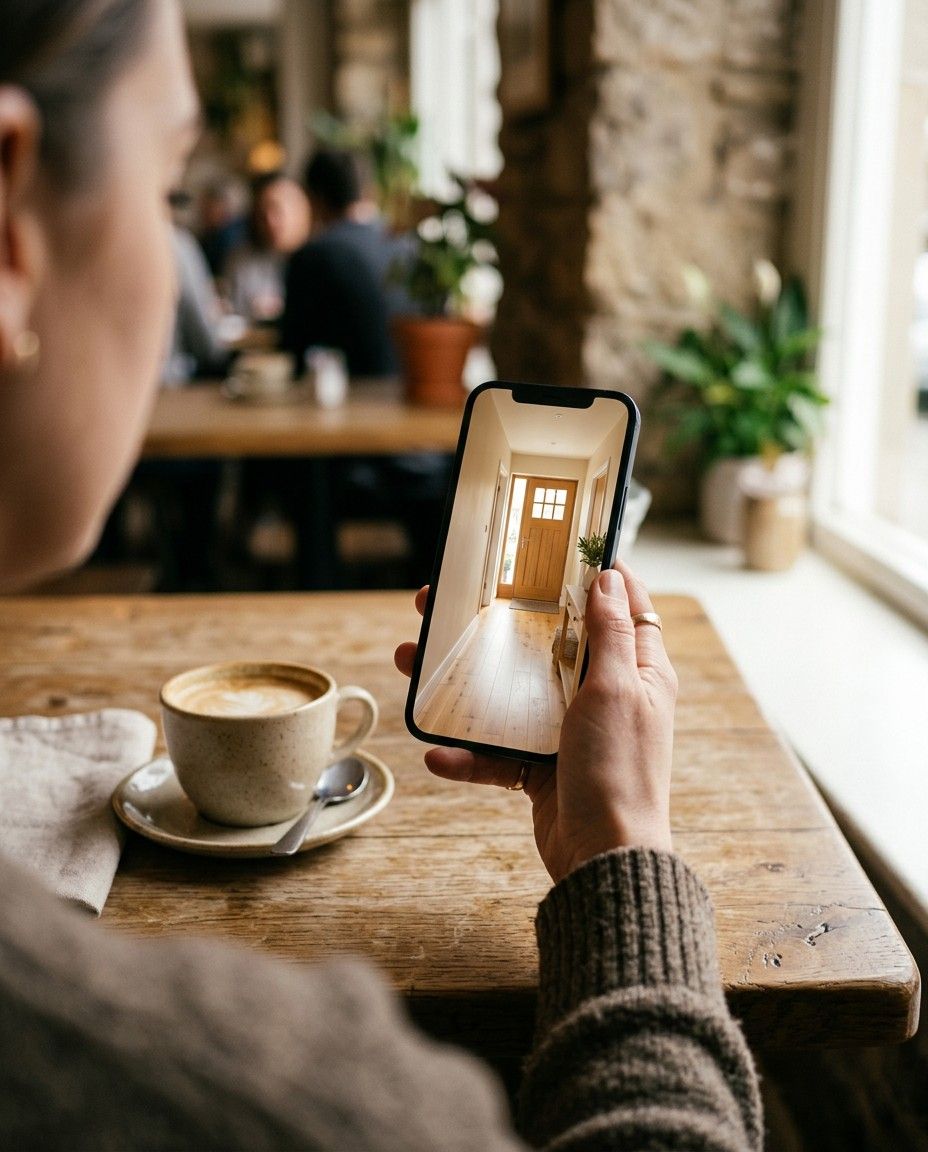 Someone in a cafe watching a live view of their hallway on a phone